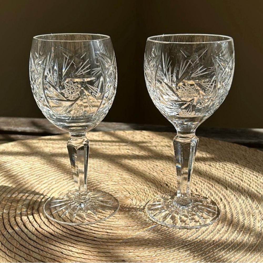 Cut glass/crystal wine glasses. Same pattern. Approx. 5 1/2” H. Like new.
